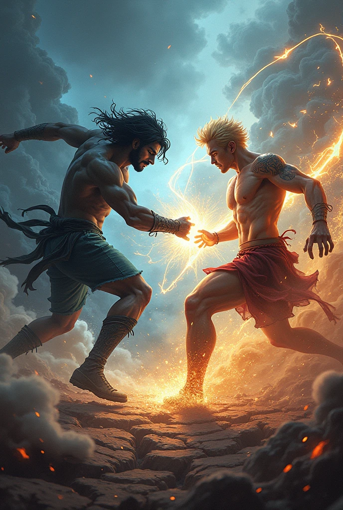 a fierce battle between two friends. a black-haired man and a blond man. a magical battle.