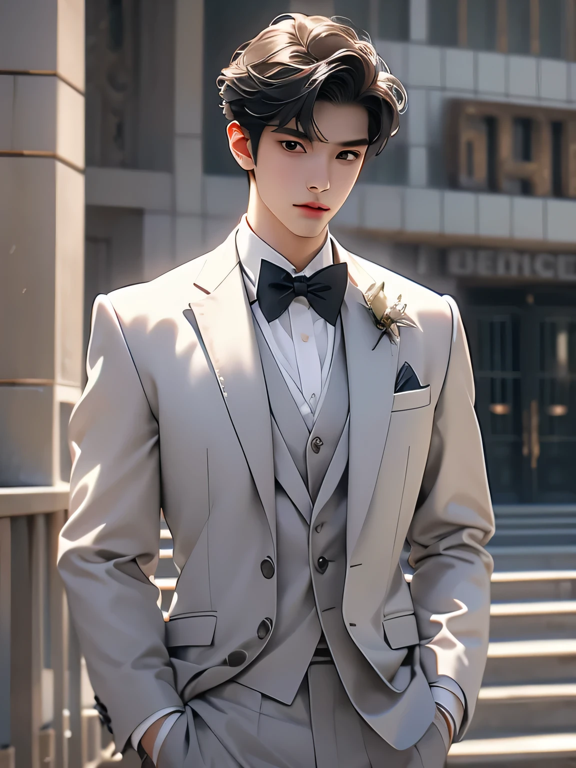 a young man in elegant looking costume posing as a model outside a building, 1boy, male focus, solo, Black hair, bow, formal, bowtie, realistic, suit