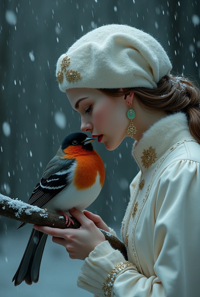 painting of a bullfinch sits on a branch, winter, snowfall, a woman with white skin and red lips in a Slavic white costume and kokoshnik leaned over him, dark atmosphere, cinematic scene, volumetric lights, ultra realistic, in the style of nicola samori