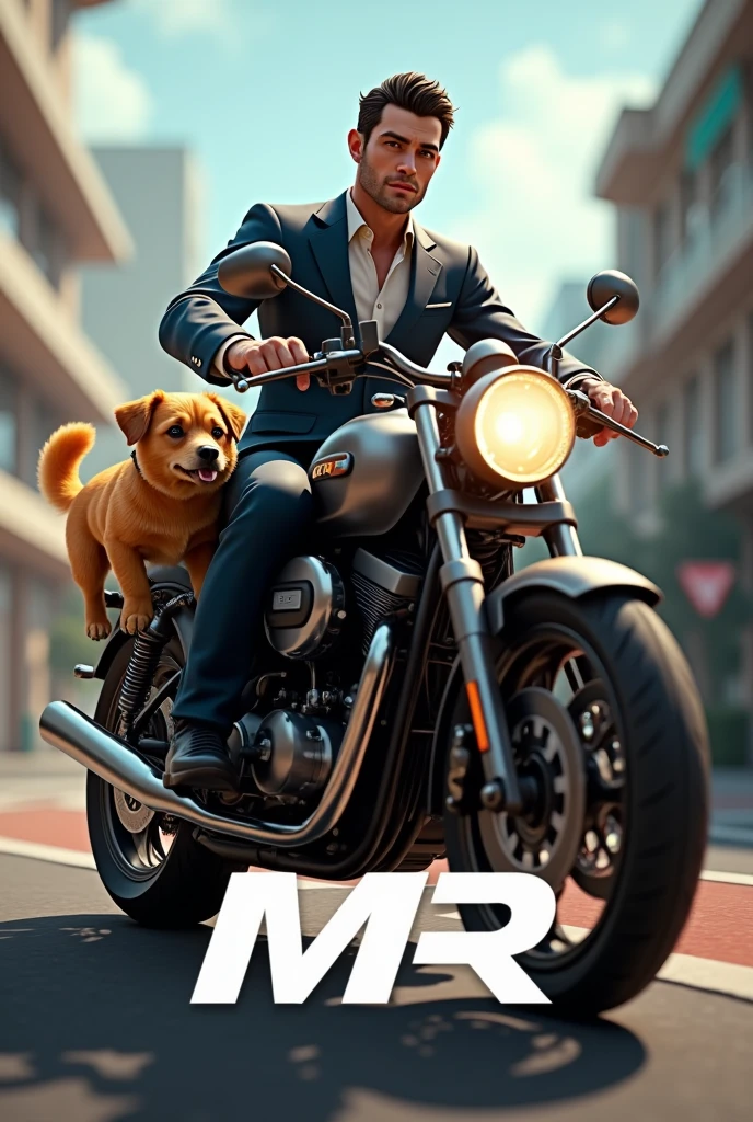 Create a realistic 4k MR logo.Morgan con una moto y un perro macho amarillo pequeño con pelo corto que al pie de la imagen diga MR.Morgan