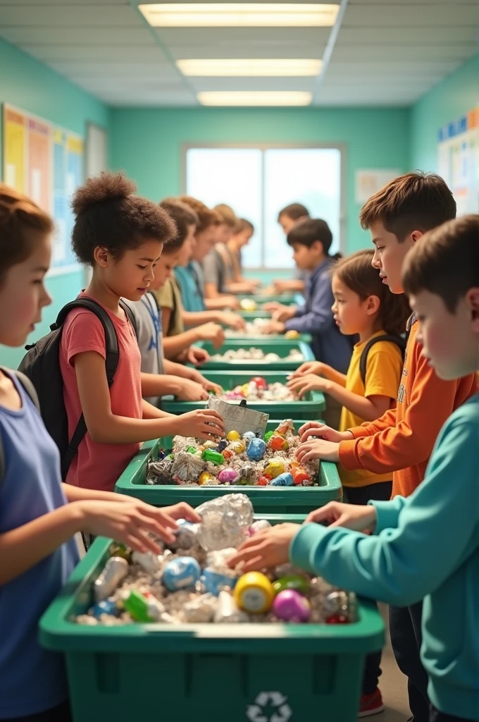students recycling rabbish