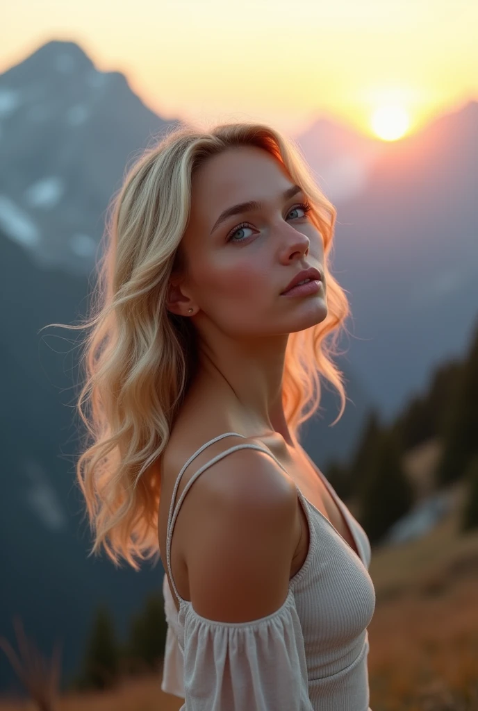 Belle fille européenne aux yeux bleus et aux cheveux blonds, en montagne habillé leger mais pas trop, regardant le ciel durant le couché de soleil, photo par devant, influencer style, ultra Haute résolution, (photoréaliste: 1.4), Haute résolution , (finely détaillé skin), (yeux bleus), (Des proportions parfaites) (Photos réalistes) (chef-d'œuvre) (photoréaliste), ultraréaliste (meilleure qualité) (détaillé) Photographié avec un Canon EOS R5, objectif 50 mm, F/2.8, (8k) (fond d'écran) (Éclairage cinématographique) (éclairage dramatique) (complexe) mode. some imperfections.