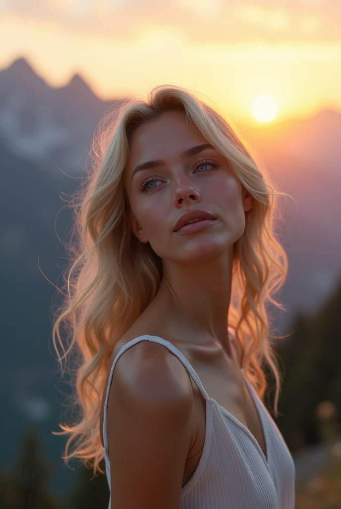 Belle fille européenne aux yeux bleus et aux cheveux blonds, en montagne habillé leger mais pas trop, regardant le ciel durant le couché de soleil, photo par devant, influencer style, ultra Haute résolution, (photoréaliste: 1.4), Haute résolution , (finely détaillé skin), (yeux bleus), (Des proportions parfaites) (Photos réalistes) (chef-d&#39;œuvre) (photoréaliste), ultraréaliste (meilleure qualité) (détaillé) Photographié avec un Canon EOS R5, objectif 50 mm, F/2.8, (8k) (fond d&#39;écran) (Éclairage cinématographique) (éclairage dramatique) (complexe) mode. some imperfections.