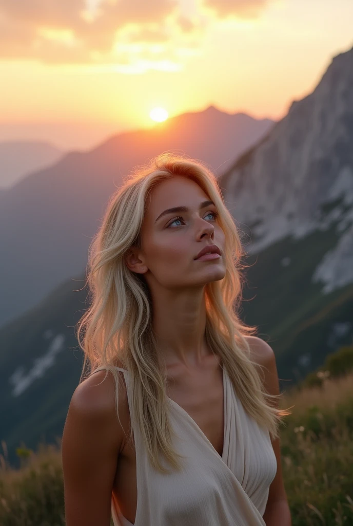 Belle fille européenne aux yeux bleus et aux cheveux blonds, en montagne habillé leger mais pas trop, regardant le ciel durant le couché de soleil, photo par devant, influencer style, ultra Haute résolution, (photoréaliste: 1.4), Haute résolution , (finely détaillé skin), (yeux bleus), (Des proportions parfaites) (Photos réalistes) (chef-d&#39;œuvre) (photoréaliste), ultraréaliste (meilleure qualité) (détaillé) Photographié avec un Canon EOS R5, objectif 50 mm, F/2.8, (8k) (fond d&#39;écran) (Éclairage cinématographique) (éclairage dramatique) (complexe) mode. some imperfections.