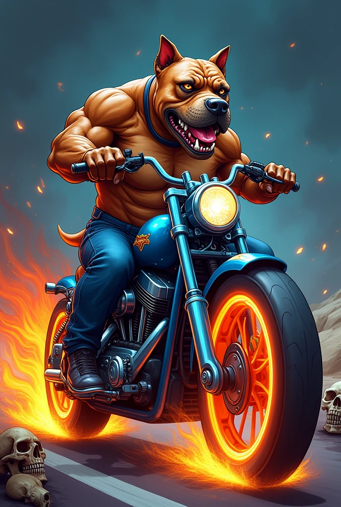 Cartoon Pitbull riding a motorcycle with a blue frame and wheels on fire
Skulls 