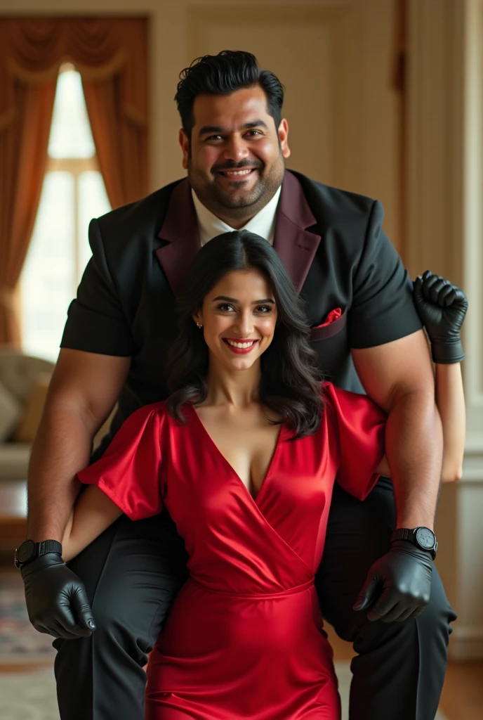 Create a realistic photograph of a smiling and beautiful indian actress in red satin carrying a large stout man on her shoulders in a room, man is sitting on top of her shoulders , man on top, woman standing at bottom , she is wearing black gloves 