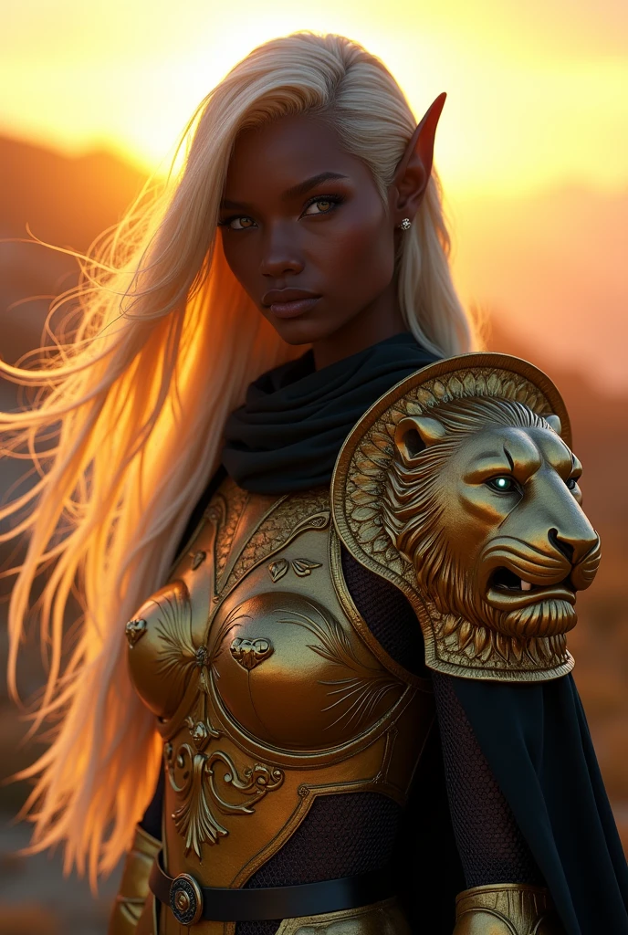 create epic awesome aesthetic Photo of female Wood elf Paladin Alfonso Azpiri Styles, long platinum Blonde hair flowing with the wind,((dark black ebony skin)), wearing intricate legendary ornamented Golden Wood elf assassin armor , (Lion Face pauldron), cape, tabard, cybernetic attachment details, glowing Blue eyes,looking to viewer, closed fists,Sunset,Golden Hour, Godrays, scifi,Photorealistic, Hyperrealistic, Hyperdetailed, analog style, detailed skin, matte skin, soft lighting, subsurface scattering, realistic, heavy shadow, masterpiece, best quality, ultra realistic, 8k, golden ratio, Intricate, High Detail, film photography, soft focus