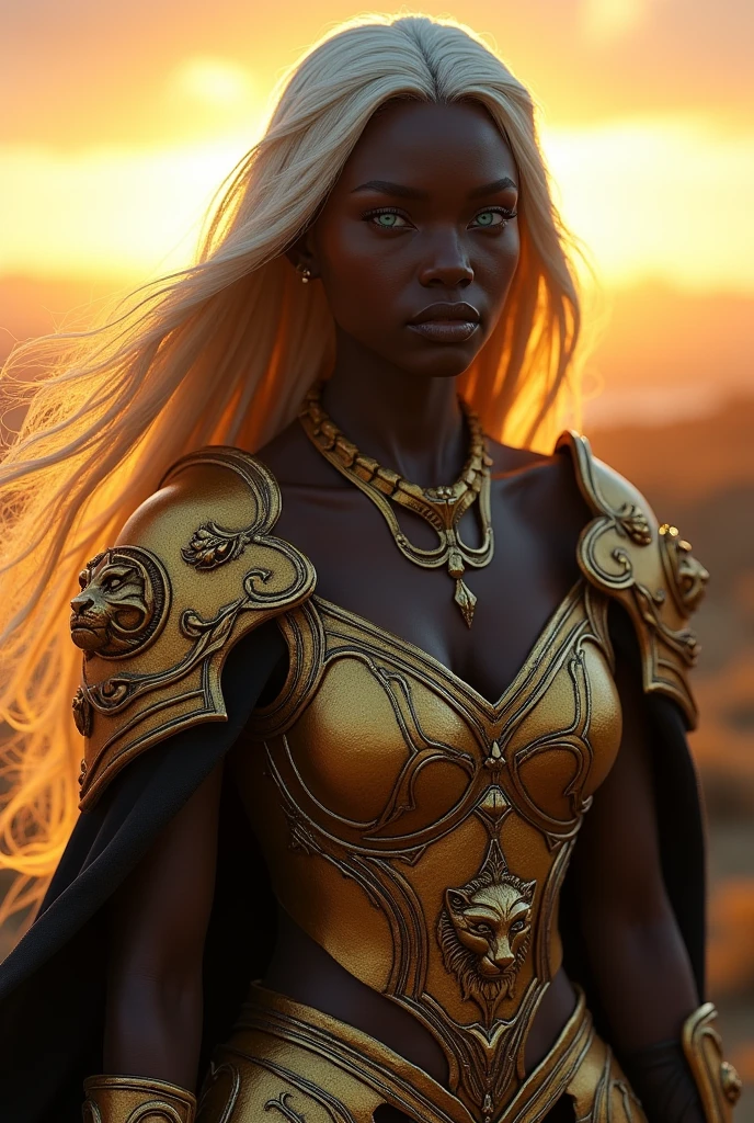 create epic awesome aesthetic Photo of female Wood elf Paladin Alfonso Azpiri Styles, long platinum Blonde hair flowing with the wind,((dark black ebony skin)), wearing intricate legendary ornamented Golden Wood elf assin armor , (Lion Face pauldron), cape, tabard, cybernetic attachment details, glowing Blue eyes,looking to viewer, closed fists,Sunset,Golden Hour, Godrays, scifi,Photorealistic, Hyperrealistic, Hyperdetailed, anastyle, detailed skin, matte skin, soft lighting, subsurface scatter realistic, heavy shadow, masterpiece, best quality, ultra realistic, 8k, golden ratio, Intricate, High Detail, film photography, soft focus