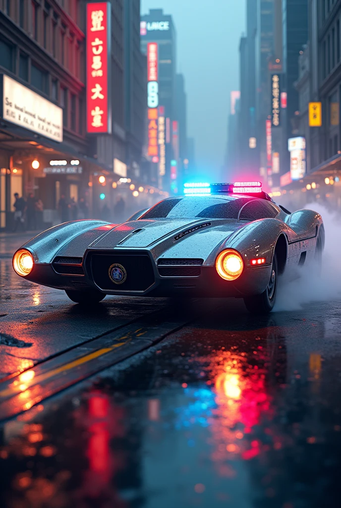 Police Spinner car of Blade Runner, runs through the city with its gaudy neon lights shining brightly,