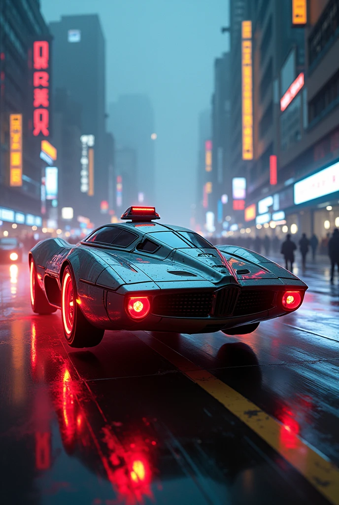 Police Spinner car of Blade Runner, runs through the city with its gaudy neon lights shining brightly,