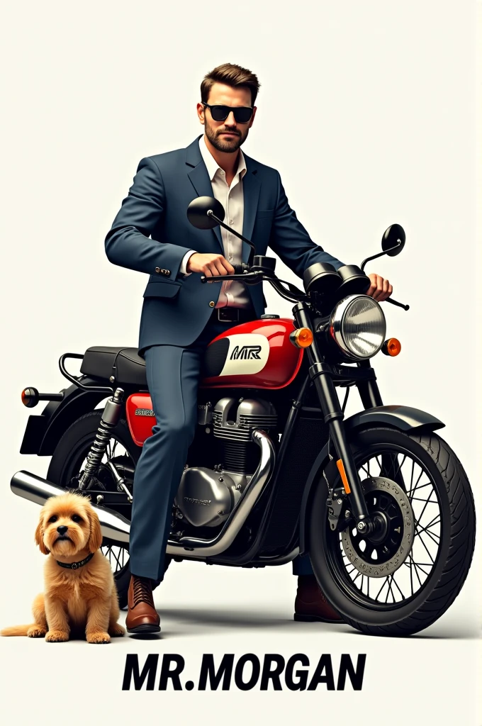 Create a 4k logo for MR.Morgan con una moto y un perro macho amarillo pequeño con pelo corto que al pie de la imagen diga MR.Morgan