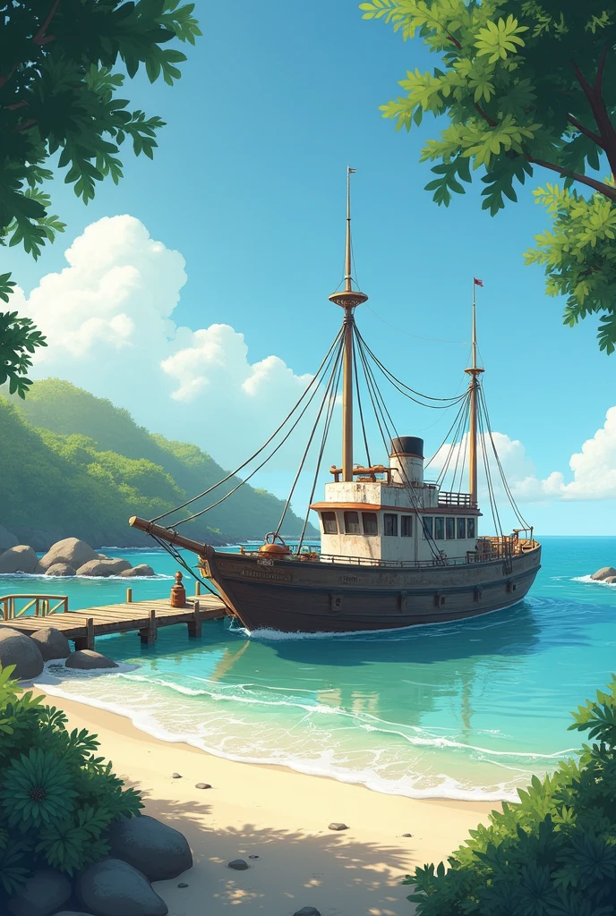 {
"size": "1024x1024",
"prompt": "A fishing ship waiting along dock on the beach, a simply decorated deck and cabin."
}