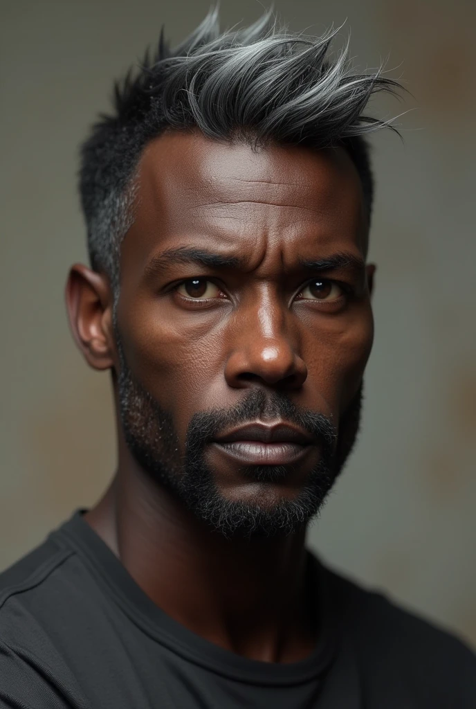 (photorealism:1.2), african american, 1man, middle aged, dark short hair, single grey hair stripe on the hair