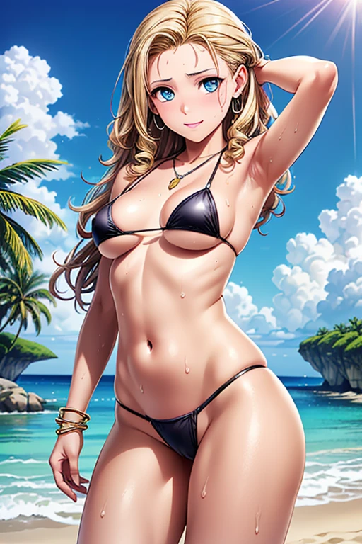 #Basic
A girl posing for a photo, (((One Girl))), (((Baby Face:1.4)) + ((cute:1.4)) + (())),
break
#Clothing Accessories
((Black Micro Bikini:1.4)) + white high heel sandals,
(Gold Hoop Earrings), (gold fancy bracelet), (A necklace studded with many precious stones),
break
#Features
((Blonde:1.2)) + ((The forehead is visible + Slicked Back Bangs:1.4)) + ((Long Hair) : Long Hair + Curly hair + Outer bounce + Disheveled Hair:1.4),
((drooping eyes:1.4, Big eyes:1.2), blue eyes), (Small breasts), (中立的な顔のFeatures),
((sensuous:1.5)),
break
#background environment
((noon, (Sunny tropical beach:1.1), ((blue sky)))),
#Facial Expression Pose
((blush:1.2, smile, Open your mouth:1.1)), ((A pose standing strongly on both legs、Hands clasped behind the head with armpits visible , Sweating in the body)),
#composition
((To the camera), (Angle from the front), (Character Focus), (Cowboy Shot)),
break
#Body parts elements
(Slim figure),
(Symmetrical facial features),
(Detailed Hair, Beautiful Hair, Shiny Hair),
(double eyelid, Long eyelashes, Thin eyebrows:0.5, Thin eyebrows:0.5),
(Expression of fine eyes, Beautiful and delicate eyes, Sparkling eyes, Eye Reflexes, Glitter Eyeliner),
(Human Ear),
(Beautiful Nose, Thin Nose),
(Glossy Lips, Beautiful Lips, Thick lips),
(Detailed skin, Textured skin, Beautiful Skin, Oily skin),
break
#quality
(((最高quality)), ((masterpiece:1.3)), ((Very detailed))), ((Ultra-high resolution)), ((16K)), ((1080P)), ((Full HD)),
((Anatomically correct)), ((Realistic)), (3DCG), ((Oil painting)),
((comics, anime)), (CG illustration), (RAW Photos),