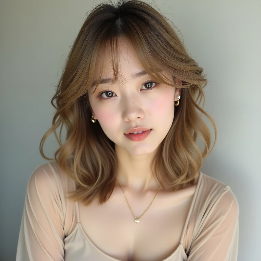 Natural Makeup、Cool Beauty、Japanese、Thready hair、looking at the camera、Earrings、necklace、Beige sheer material、Neat tops、Olive beige hair color、semi-long、Tapered ends、Slightly bouncy ends、Wolf Cut