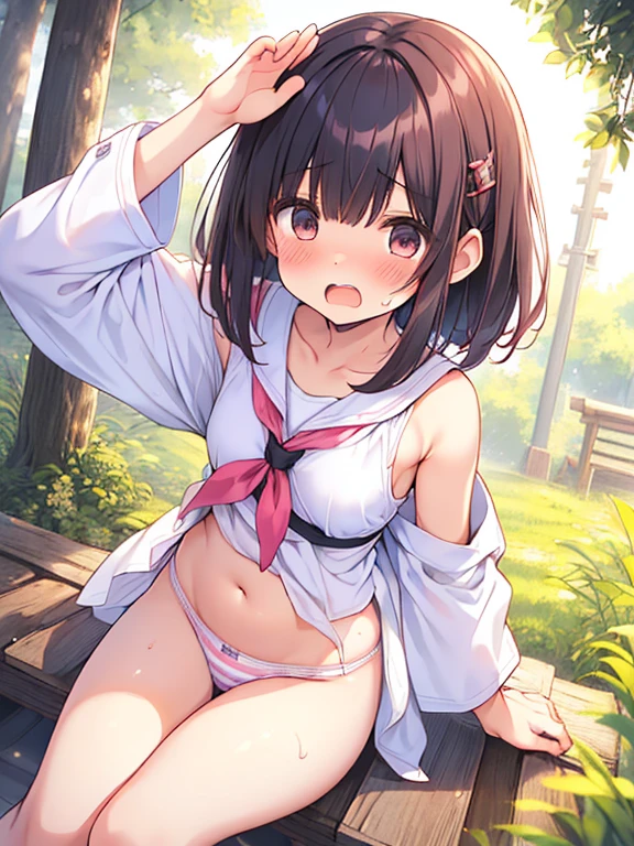 ((1 Japanese girl、)), ( small)), Black Hair、Brown Hair、masterpiece, 最high quality, high quality, Highly detailed 8K wallpapers,in the forest、Pink Hair、Tropics、Extreme heat、Heavy breathing、Young face、Sweat、Head ornament、cute girls、Bold Pose、(Open your mouth、Small double tooth、Embarrassed face)、Wave、(、classmate、Squid Belly、Wear pink)、(No underwear)、Beautiful flat breasts、(激しいSweat)、(Saliva volume:1.4)、(Elementary school 、Cute belly、Before menarche、abdominal distension、Cute Panties)、(stroking the stomach:2)、(Pleasant face、Beautiful Face)、(serving)、(Trembling in the lower back:2)、Life-size、In front of the camera、Walk with your feet together、Translucent white clothes、striped panties