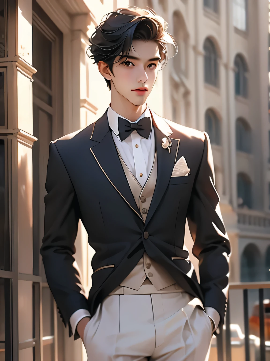 a young man in elegant looking costume posing as a model outside a building, 1boy, male focus, solo, Black hair, bow, formal, bowtie, realistic, suit