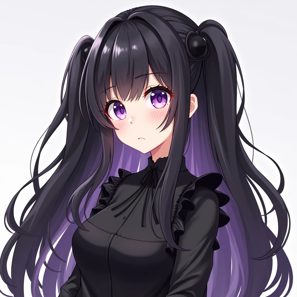 Long black hair with half-twins, slanted eyes, purple eyes, tsundere-ish, cute black clothes with frills, mature-looking, average chest