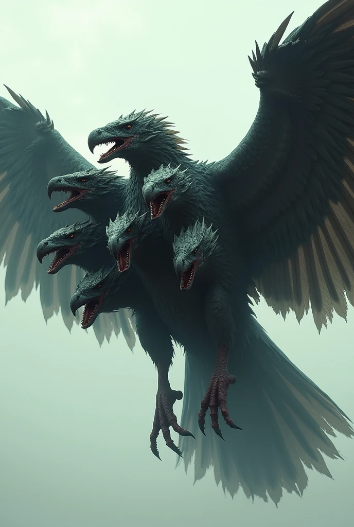 A monster flying bird with seven heads. It's very scary. The background is plain. 