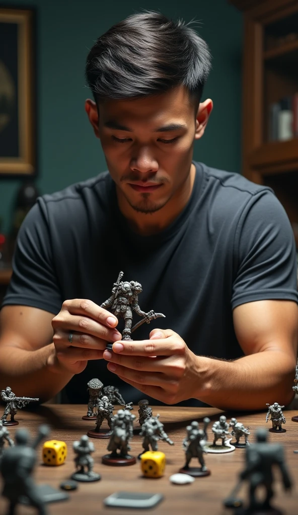 photorealistic, best quality, masterpiece, extremely detailed, front view, extremely handsome, 30 year old borneo man, round face, muscular bodybuilder, clean-shaven face, wearing rockband tshirt, holds up a warhammer miniature and looks at it closely, two d6 dice and well-painted warhammer miniatures mid-game on the table, extremely romantic atmosphere, perfect face, perfect fingers, perfect hands, perfection