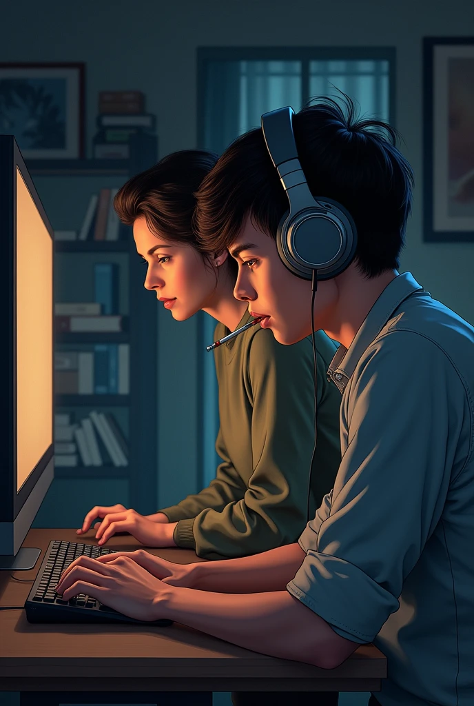 Illustration of a man sitting at a computer with headphones on, smoking, and his mother beside him.