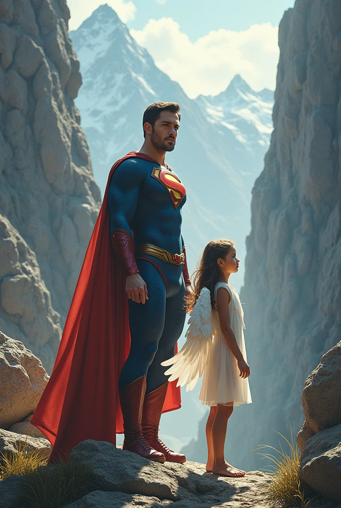 A man dressed as a superhero looking backwards and a girl with wings in the middle of a mountain