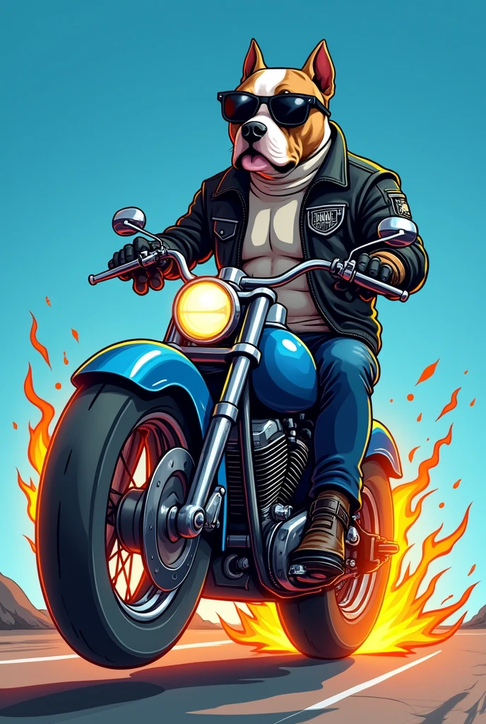 Pitbull biker cartoon on a blue motorcycle with flaming wheels
Skulls 