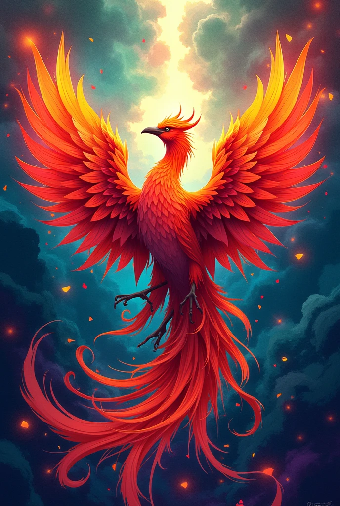 an image with colorful and striking designs, where a phoenix appears in the middle of the image, The colors used must be in accordance with the phoenix, having to be complementary