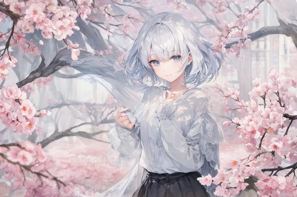 Ultra HD,Look at the viewers, Place your hands behind your back, and, 20-year-old, 非常にshort hair, Long bangs between the eyes, Pale blue eyes, Very detailed,(masterpiece、Highest quality),Gray Hair、Laughter、wonderful, Silver Hair, iris, short hair、 Fluttering Hair、Small face、明るいsmile、(Detailed face) ,Professional Lighting,wonderful風景,blue sky, sunlight,Looking down from above,Portraiture、Open your mouth、Flower Field、Her eyes were shining、Mysterious and enchanting atmosphere。With AI Painting、andてもshort hair, Long bangs between the eyes, Very detailed,(masterpiece、Highest quality)、alone、Gray Hair、Fantasy, Silver Hair, Fantasyな風景、smile、Open your mouth、short hair、short hair、hairpin、black eye、Grey Eyes、Beautiful Eyes、Black Shirt、White hoodie