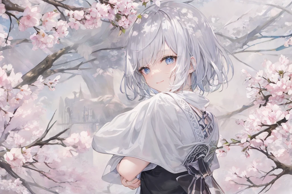 Ultra HD,Look at the viewers, Place your hands behind your back, and, 20-year-old, 非常にshort hair, Long bangs between the eyes, Pale blue eyes, Very detailed,(masterpiece、Highest quality),Gray Hair、Laughter、wonderful, Silver Hair, iris, short hair、 Fluttering Hair、Small face、明るいsmile、(Detailed face) ,Professional Lighting,wonderful風景,blue sky, sunlight,Looking down from above,Portraiture、Open your mouth、Flower Field、Her eyes were shining、Mysterious and enchanting atmosphere。With AI Painting、andてもshort hair, Long bangs between the eyes, Very detailed,(masterpiece、Highest quality)、alone、Gray Hair、Fantasy, Silver Hair, Fantasyな風景、smile、Open your mouth、short hair、short hair、hairpin、black eye、Grey Eyes、Beautiful Eyes、Black Shirt、White hoodie