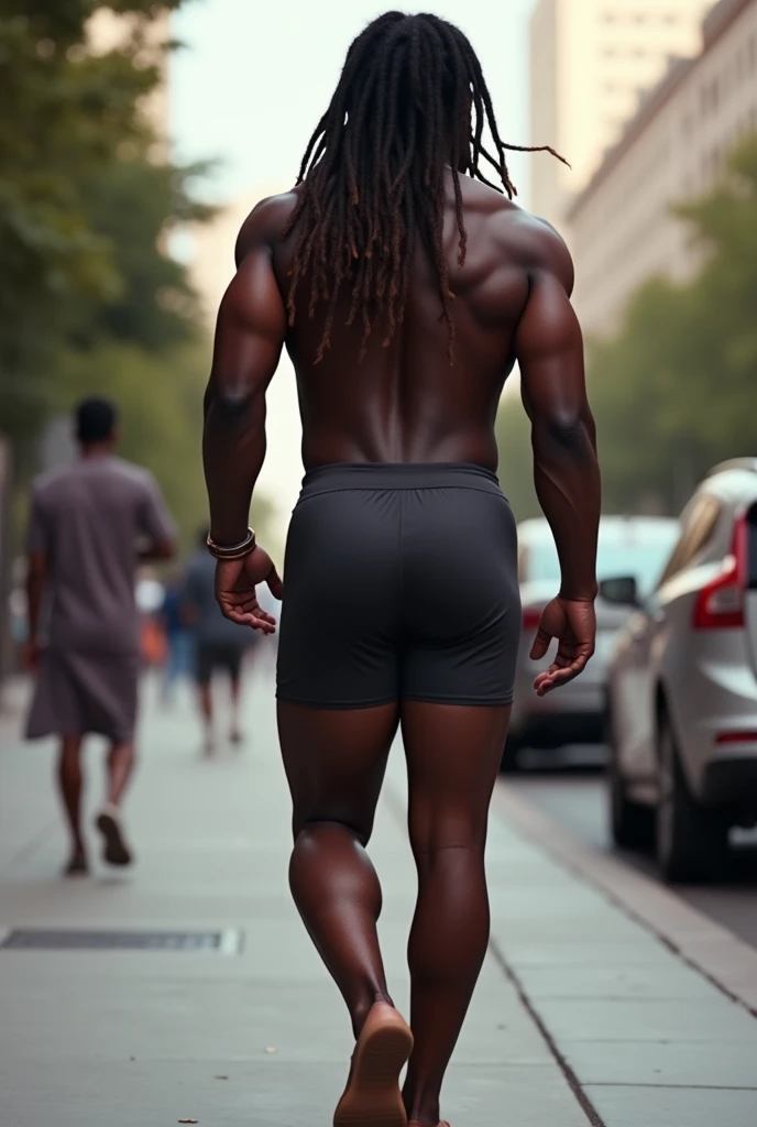 A darkskin man with long dreads, walking down a sidewalk. He has a very fit, round, and bubbly pair of buttocks. He is wearing fitted shorts that emphasize the voluptuous shape he owns. The perspective is from directly behind him.