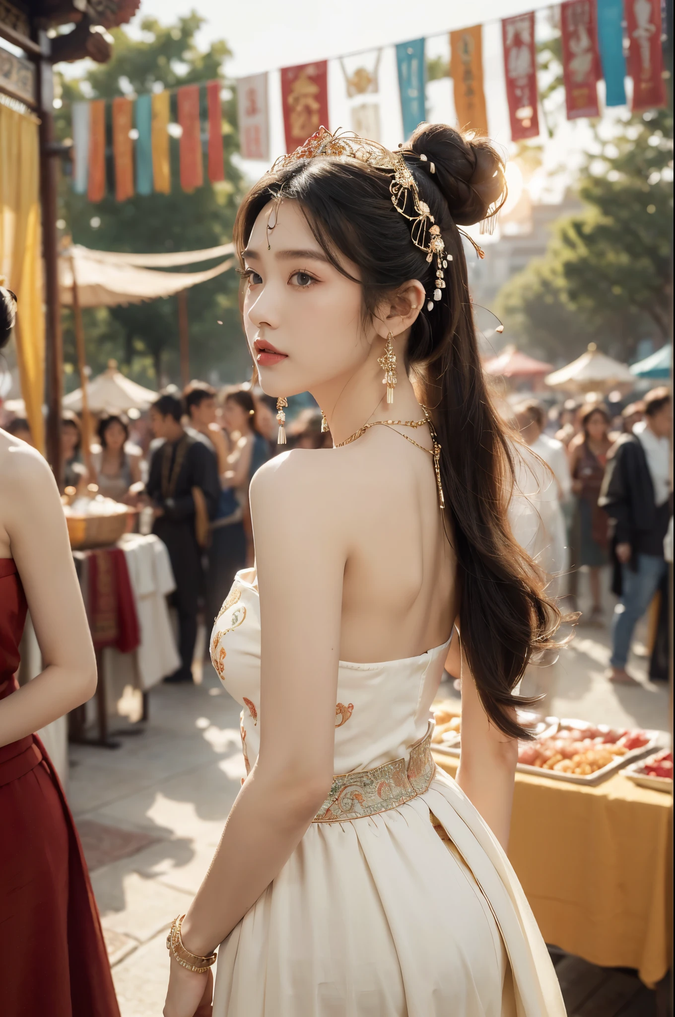 (((best quality))),(((ultra detailed))),(((masterpiece))),illustration,
((1 beautiful young girl,solo)),(bun hair:1.2)((slim,thin)),((small breasts,flat chest)),attractive, traditional Chinese attire,(Gorgeous and intricate headdress:1.3),((earrings,intricate necklace)),(strapless Exquisite embroidered maxi sleeveless sparkled dress:1.3),(standing:1.3),vibrant patterns, radiant complexion, joyful expression,(temple fair:1.3), bustling atmosphere, summer afternoon, sunny weather, cultural festival, street food, roasted skewers, steaming dumplings, sweet cotton candy, stalls, crafts, clothing, appreciative onlookers, sunset, ancient tradition, modern beauty, captivating scene, enchanting,(day scene:1.2),(surrounded by crowded crowds:1.3),((from back,upper body))