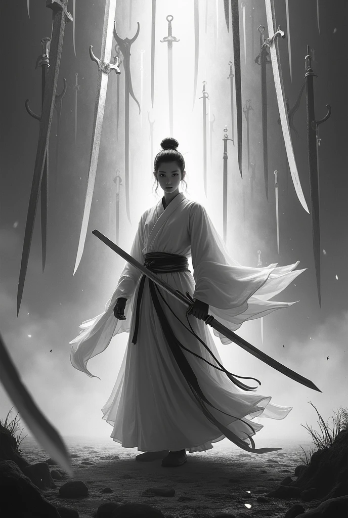 ((masterpiece)),(best quality)),Vision,Twenty swords hanging in the air,Sword Rain,A young Taoist priest,Infinite Sword System,Glow Effect,Surrealism,Hyper-photorealism,Chinese black and white ink style,black and white,Decolorization,Soil,ink,8K,Ultrafine,high quality,OC Renderer