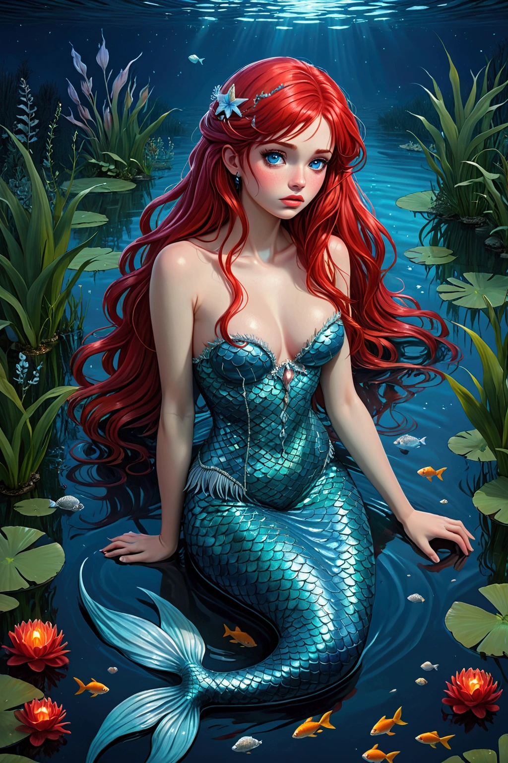 ((best quality)), ((masterpiece)), (detailed), (total body), perfect face, beautiful woman. She is sad, she is in the water in a pond, in the night, total body. This woman is a mermaid with no bra an her tail is blue, she has long red hair with tufted fringe and sky blue eyes.