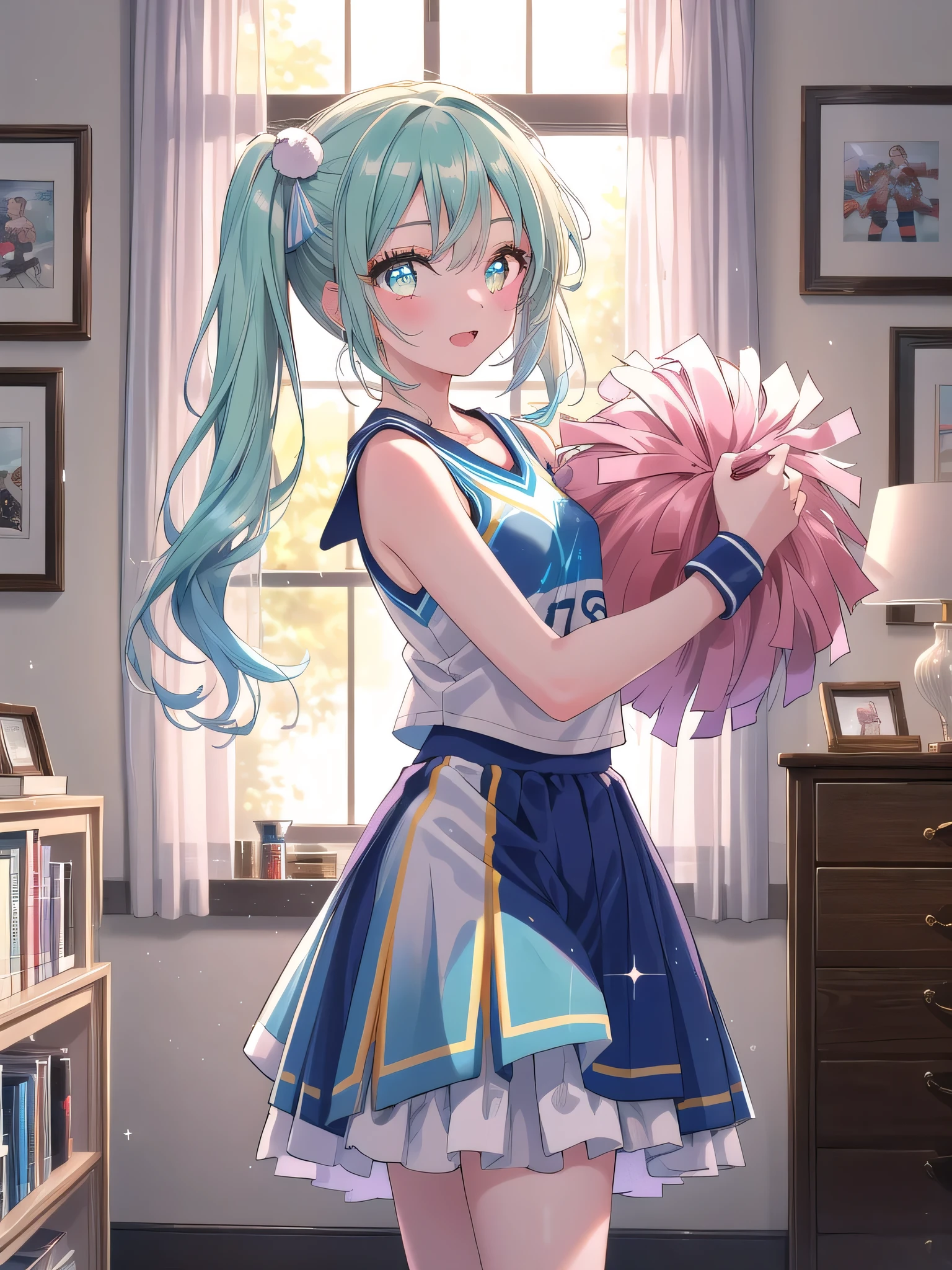 ((8k, Highest quality, masterpiece: 1.3)),Ultra-high resolution,(1 girl, alone), (Color changing eyes, Ultra-detailed, Expressive brilliance, Glitter, Glowing Eyes), Highly detailed eyes, Highly detailed face, Random Hair, ((pastel colour)),A cheerful young woman with pastel green hair styled into pigtails, standing in front of her full-length mirror in her room. The morning light fills the room, creating a fresh and lively atmosphere. She is dressed in a cheerleader cosplay, wearing a blue and white uniform with matching pom-poms. The camera captures her from a mid-angle as she practices her cheer routine, her expression full of energy and enthusiasm. Her room is decorated with sports posters, a small collection of trophies on a shelf, and a yoga mat rolled out in the corner, reflecting her active lifestyle.
