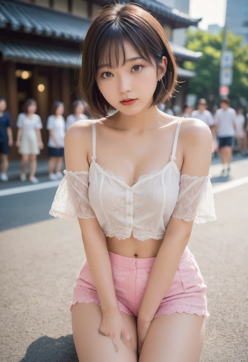 Highly detailed CG Unity 8K wallpapers, Highest quality, Very detailed, masterpiece, Realistic, photo Realistic, Very detailedかわいい、18 year old adult female、(((Lift your skirt yourself)))、(Lift it yourself)、Realistic panties with lace frills、Small panties、Panty Focus、Detailed patterns of panties、Small panties with side ties、blush, Lips parted, Looking at the audience、Half Body Shot、(crowd)、(On the streets of Tokyo)、Short Bob Cut、Too bright natural light、Shining Sun、Female crowd、Shooting from a slightly lower angle、Lips shining with lip gloss、Sparkling eyes、Cute Headband、Cute Hairbands、(((Precision engineered, Luxurious and colorful shorts for adults, High resolution portrait of panties, Drawing pants with extreme precision)))、((She shows off her panties in a unique pose)), ((Spread your legs, Lift your legs)) Please open your mouth a little、Sit by the water in a shallow pool、