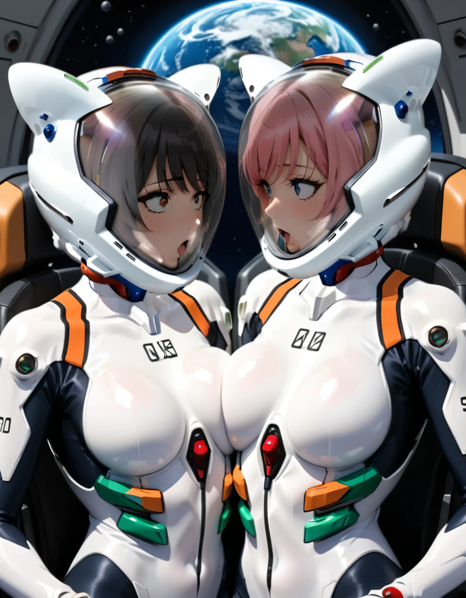 white bodysuit, plugsuit,evangelion,\ helmet, space helmet ,eva helmet,astronaut) brown hair, a pair of girls, very short hair, black hair, breast press, symmetrical docking, short hair, eye contact, looking at others, , upper body, face to face, ,(blushing), heavy breathing, sweat, woman , juice, completely , navel, buttocks, sitting, room, cocpit blushing, sweat, eye contact, space helmet, cockpit of a (futuristic spaceship:1.1), sitting in the captains chair, (intricate control panels:1.3), (gleaming metal:1.1), eva helm, spacesuit , astronaut), from above, pink hair, , space helmet,wearing a (spacesuit:1.15), white cargo pants, hovering, flying, moon surface, earth, floating pose, happy, smilebeautiful 8k wallpaper, highly advanced, (sleek design:1.3), intricate, highres, superb, 8k wallpaper, extremely detailed, intricate,(, cat ears, WHITE helmet, AHEGAO