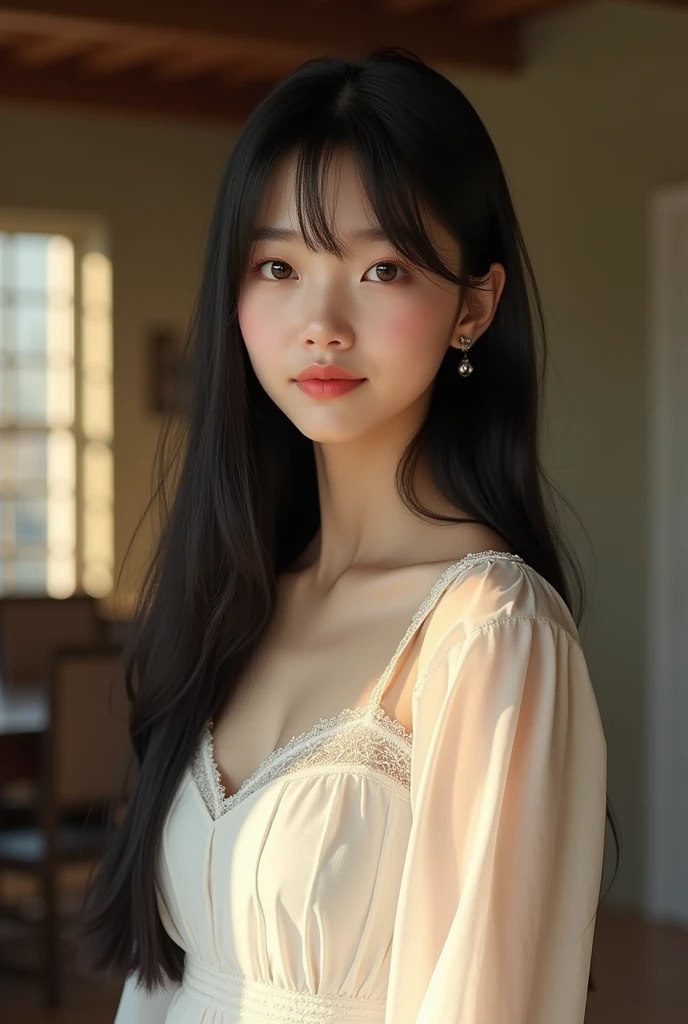 top quality, Realism, masterpiece, 8k, High resolution, solo, 1 girl in, (((INFP young woman))),Sixteen years old、Full Body Esbian、(Chickadee), ((look at the audience)), (look at camera), ((different hairstyles close to long hair))、perfect black straight hair、(((Have bangs)))、 (professional lighting), highly detailed bright face、gentle Japanese girl、Lovely smile、Small cleavage、There is lace、White dress(Long sleeve)、standing in the room