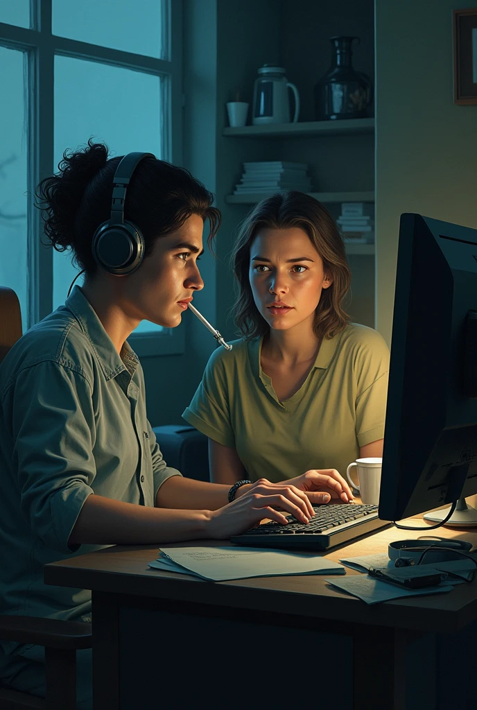 Illustration of a man sitting at a computer with headphones on, smoking, and his mother beside him.