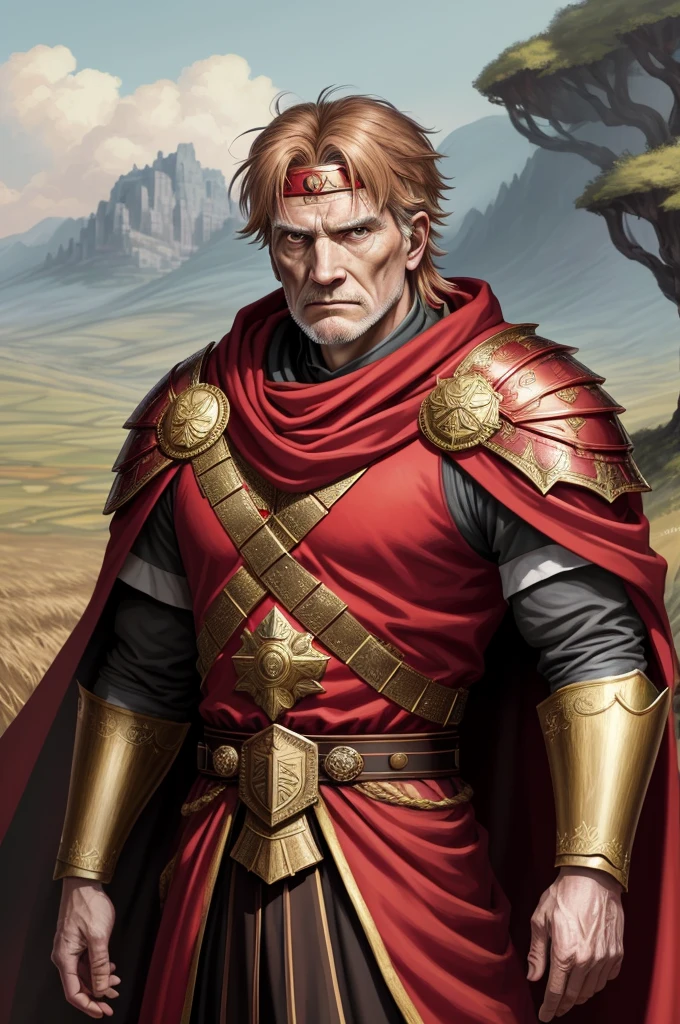 Highest quality, masterpiece, High resolution,,(Caesar),Julius Caesar,(smug face),Roman Empire,Scale Mail,armor,grassland_background,Old Man,Anime Style, 4K, alone,((whole body)), looking at the camera, (Red_Cape)Crowned with laurel,Brown_hair,短いhair,A face without a goatee、A face without a beard,(Full Finger), Hyper Detail, (Intricate details),