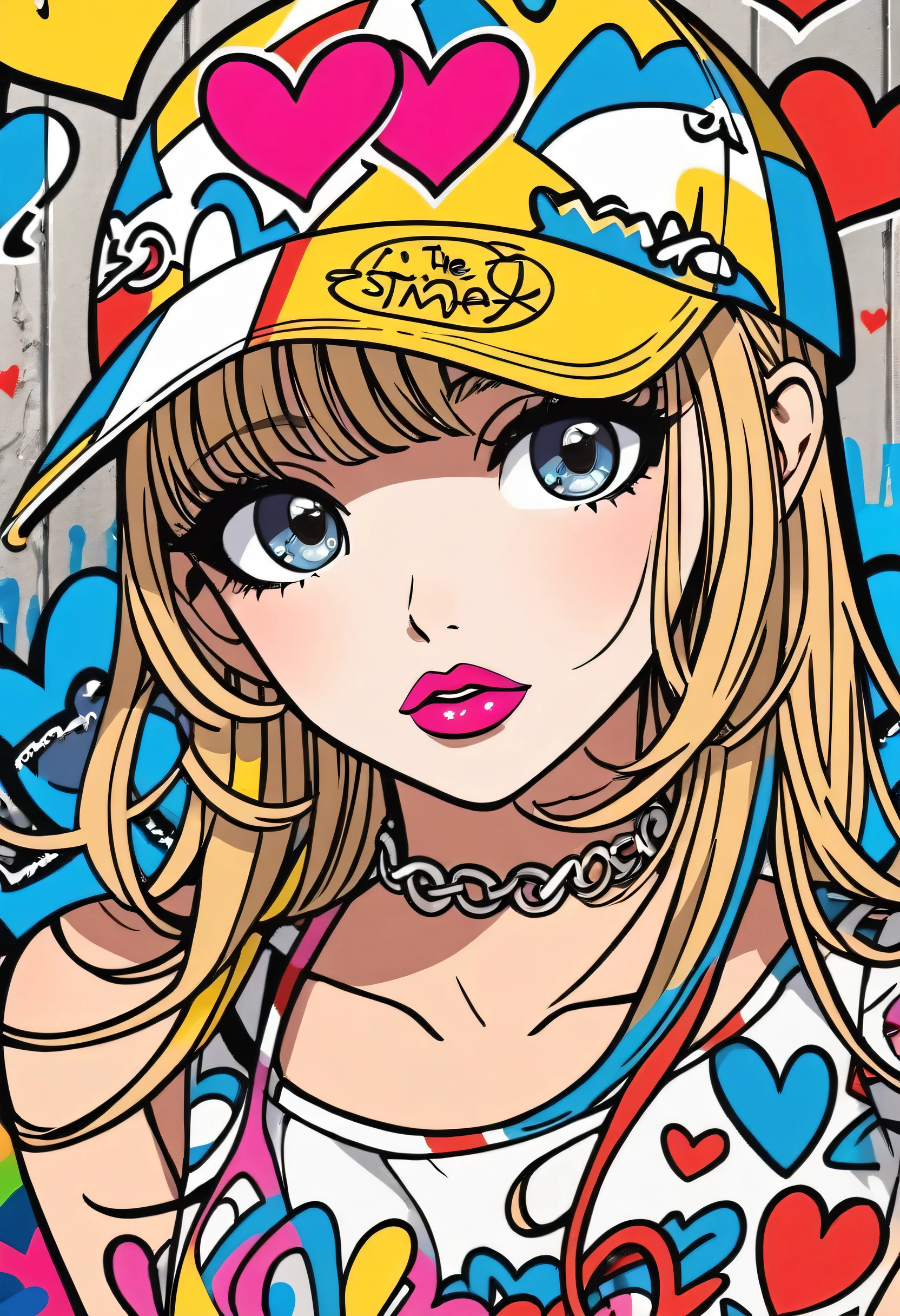 Ultra-realism Keith Haring colorful style, Simple Line Initialism，Abstract art，(((The most beautiful girl of all time))), Sweet face. Lips in love, colorful hearts, stylish design, Summer beach fashion, Dark Eyes, Graffiti on the wall