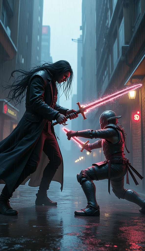 In a dimly lit, rain-soaked alleyway, Voltex stands with his long black hair slicked back from the rain, his black coat clinging to his white shirt underneath. He faces a skilled warrior in silver armor, their swords clashing with a burst of sparks. Voltex’s dark energy swirls around him, enhancing his speed and power. He sidesteps a fierce attack and, with a swift movement, unleashes "Shadow Eclipse," a concentrated burst of shadow energy that overwhelms his opponent, driving them to their knees.
