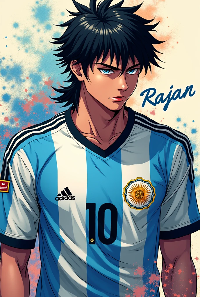 Create a backward male anime character mullet hairstyles picture with Argentina jersey 10 with Rajan word.