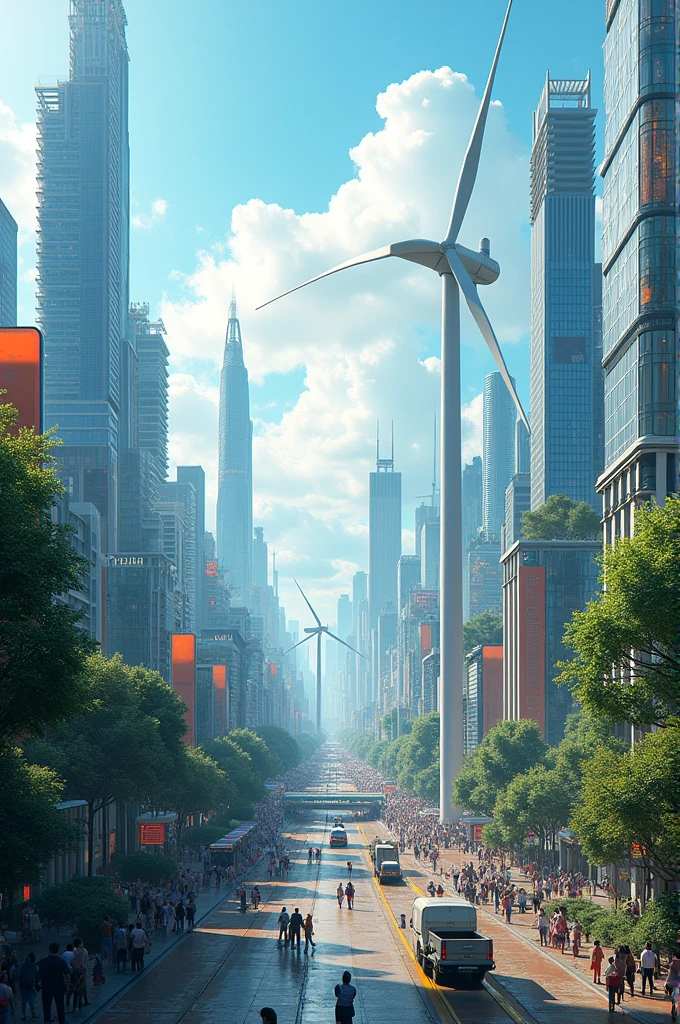 Wind mills and Solar panels in big city