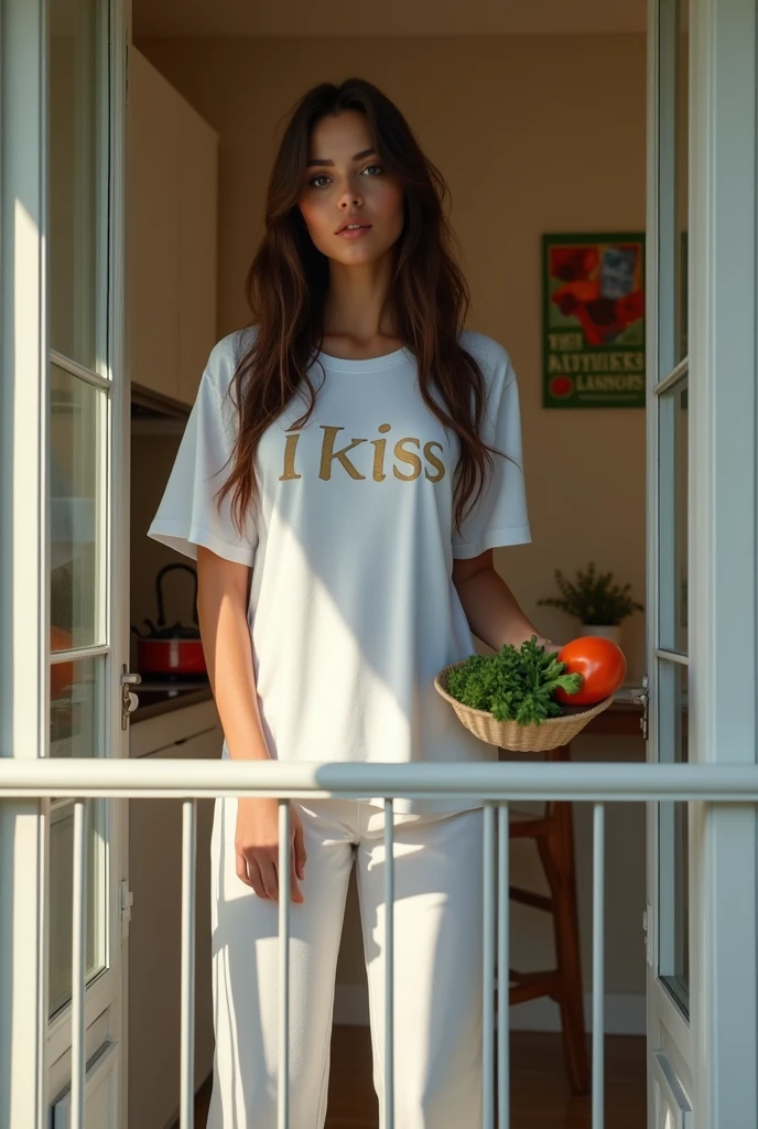 (photorealism:1.2), beautiful woman(curve body), standing in the balcony, wearing white printing t-shirts(text IKISS) and white pajama pants, long hair, cooking vegetables in the kitchen room, soft lighting, poster on the wall, detailed kitchen room, relaxed pose, realistic, intricate details, bright colors