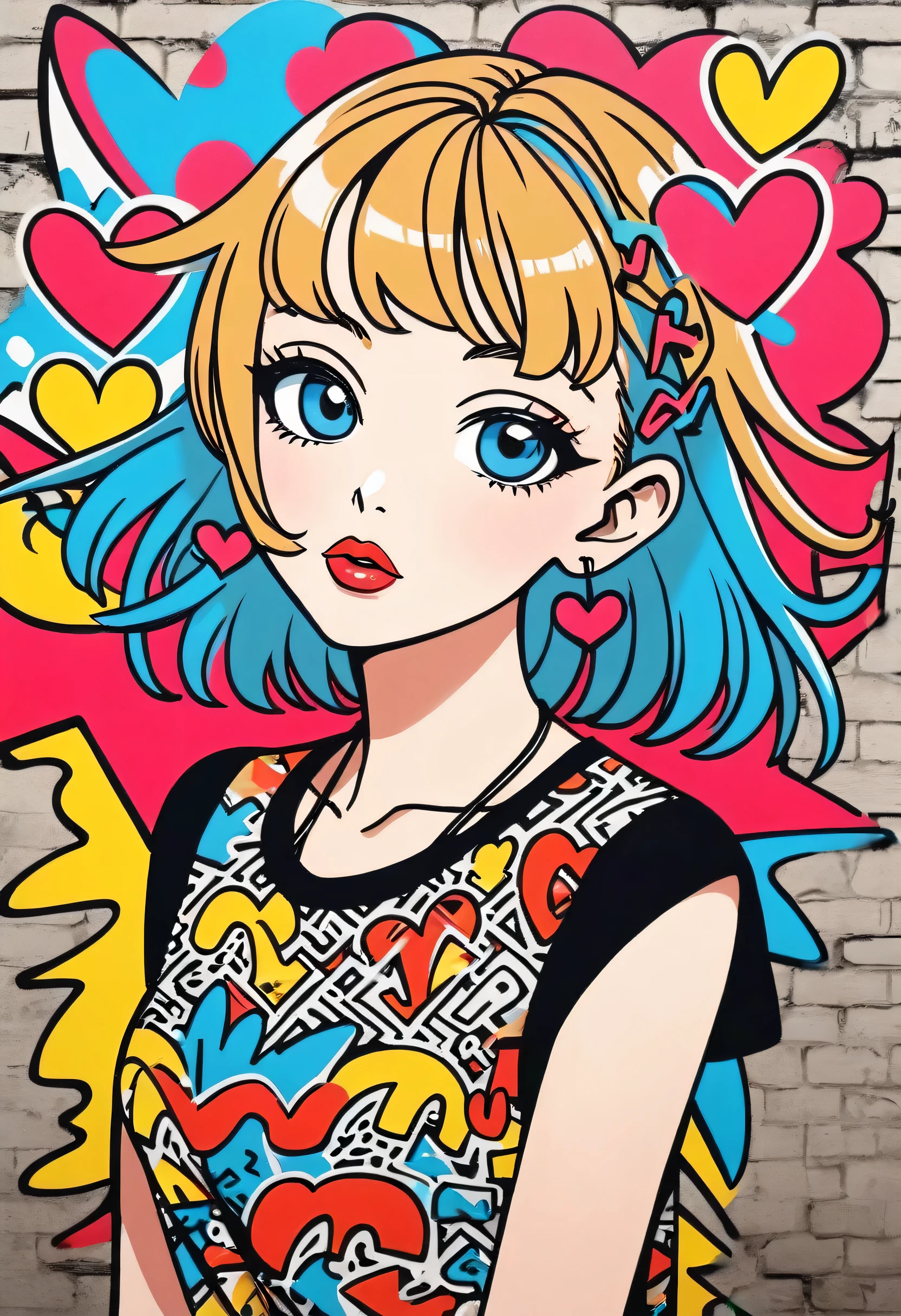 Ultra-realism Keith Haring colorful style, Simple Line Initialism，Abstract art，(((The most beautiful girl of all time))), Sweet face. Lips in love, colorful hearts, stylish design, Summer beach fashion, Dark Eyes, Graffiti on the wall