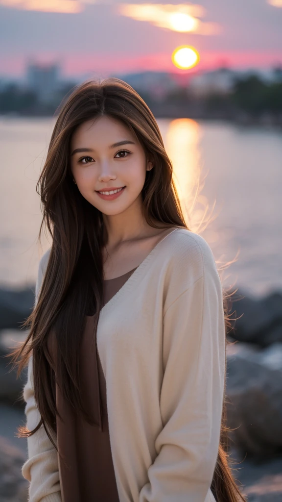 Long Hair, Brown Hair, Brown Hair, One person, smile, Gaze, With the sunset in the background,beautiful