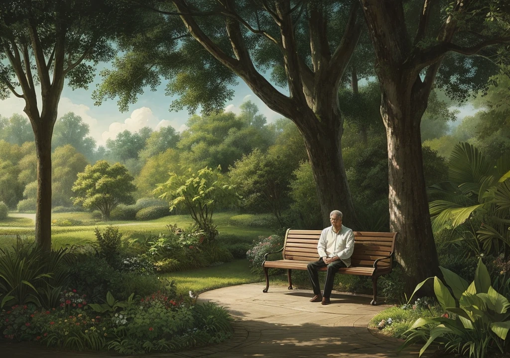 A man sitting alone on a wooden bench in a lush garden surrounded by tall trees, with soft, classic English-style illustrations.
Transition: A slow zoom-in effect on the man with a hand-painted texture, fading to black.