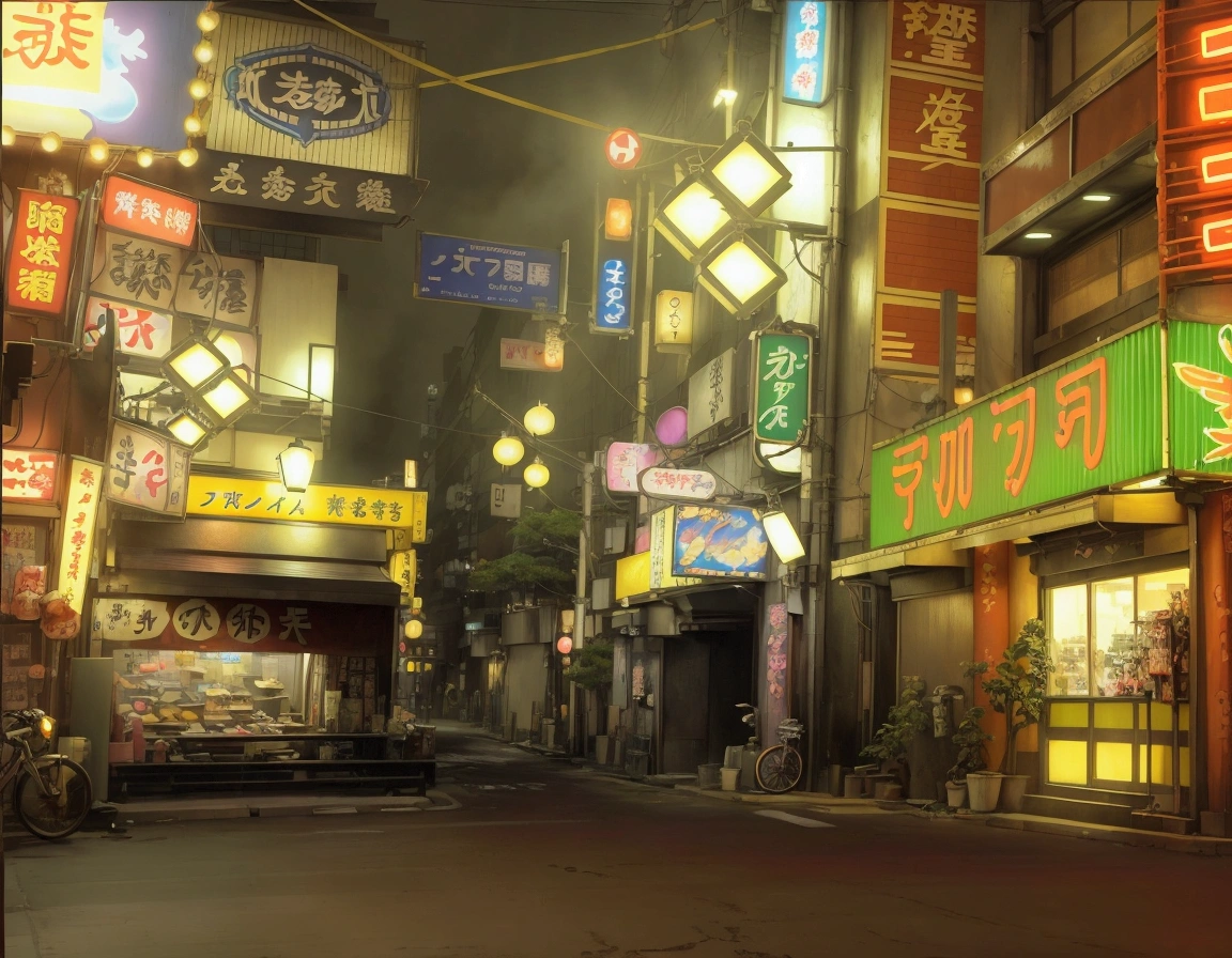 一张Anime style的东京街头小巷场景，building with many neon signs，More details of neon signs，Detailed Details，Garbage pile in the corner，trash bag，snack shop sign，Tokyo alley，Tokyo Anime Scene, Downtown Japan, Tokyo style, Neon Tokyo, new tokyo，Anime style，Thick coating style，Hand-drawn style