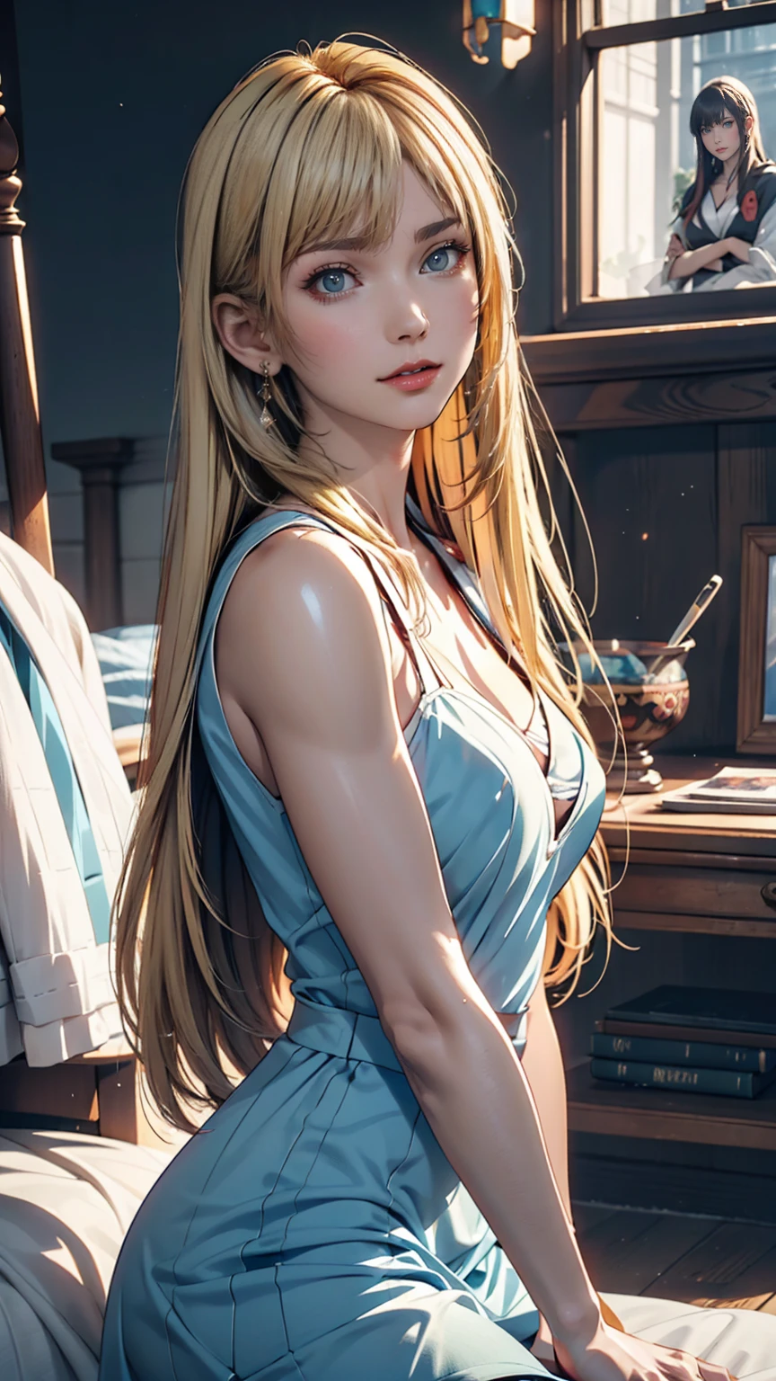 A blonde woman with long hair and a blue dress is posing for a photo, Realistic anime art style, Photorealistic anime girl rendering, Smooth anime CG art, Anime realism style, Realistic art style, realistic young anime, Gorgeous digital painting, Realistic Anime 3D Style, Beautiful anime portraits, Realistic anime art style, Close-up character portraits, 3D Anime Real, Anime style portrait